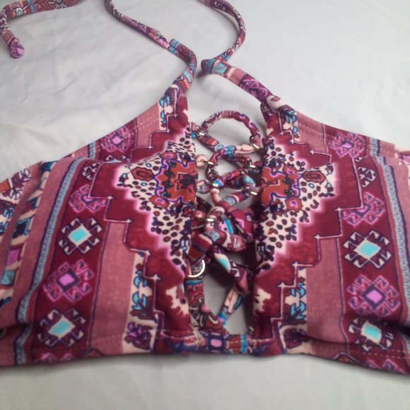 Xhilaration Swim Bikini Top XS Strappy Patterned Pink Purple - Picture 12 of 15
